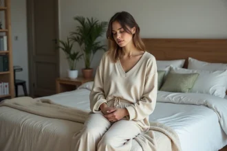 Femme assise sur le lit en réflexion sur ses maux de ventre