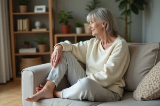 Femme d'âge moyen se détendant sur un canapé cosy