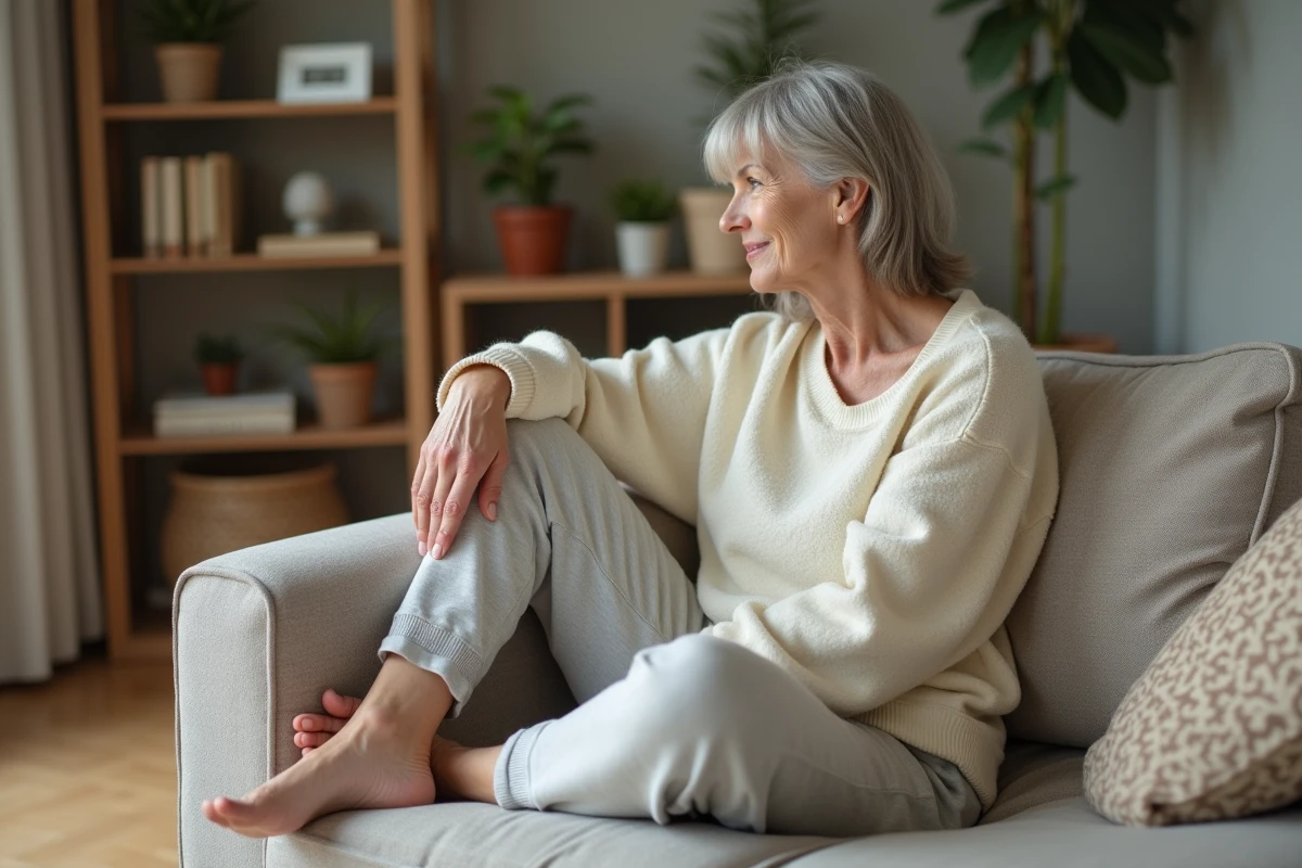Femme d'âge moyen se détendant sur un canapé cosy