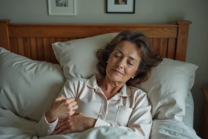 Femme en pyjamas se massant dans son lit