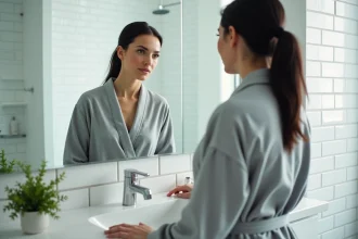 Femme en robe de chambre grise réfléchissant devant le miroir de salle de bain le matin, illustration santé digestive
