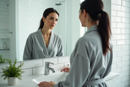 Femme en robe de chambre grise réfléchissant devant le miroir de salle de bain le matin, illustration santé digestive