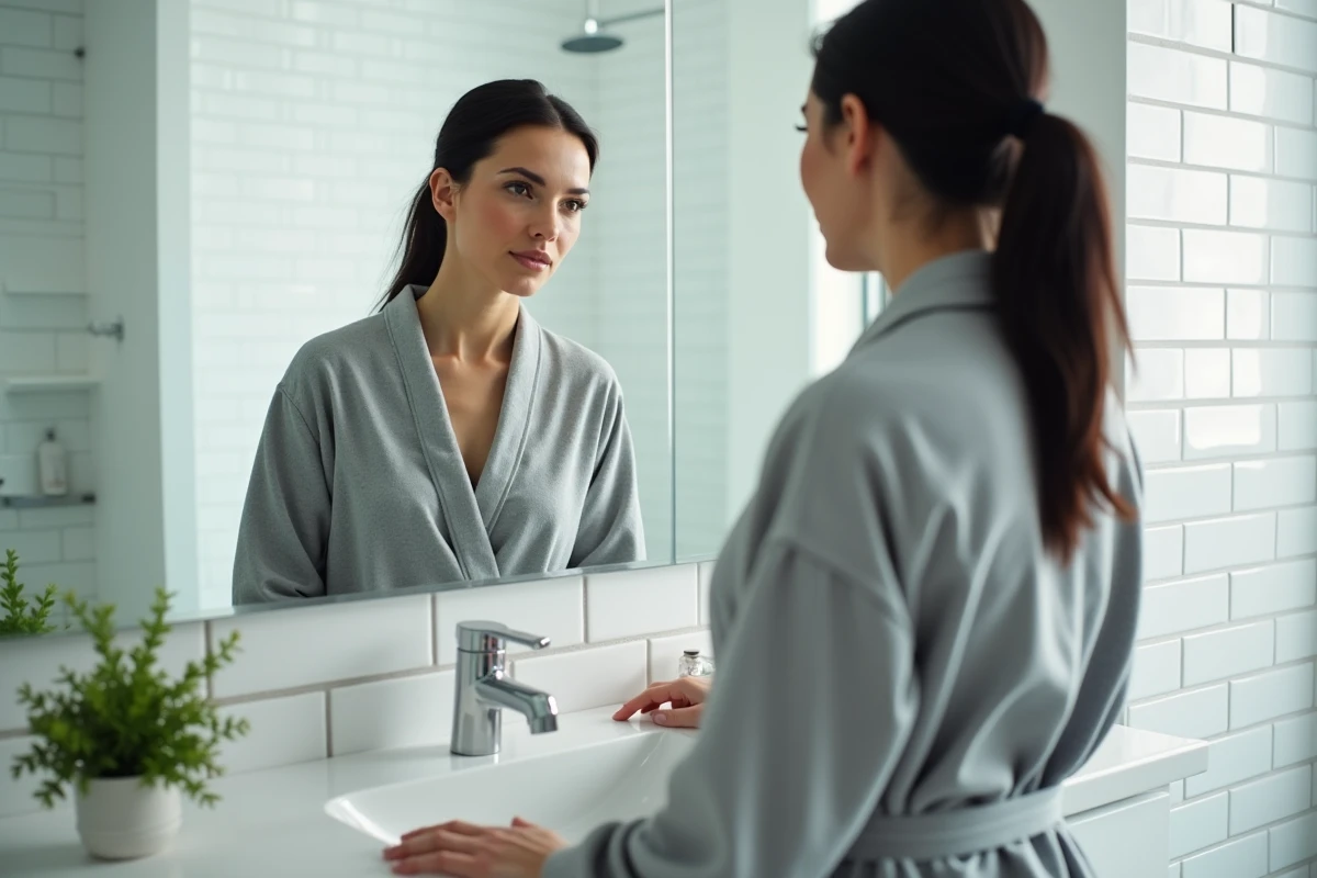 Femme en robe de chambre grise réfléchissant devant le miroir de salle de bain le matin, illustration santé digestive