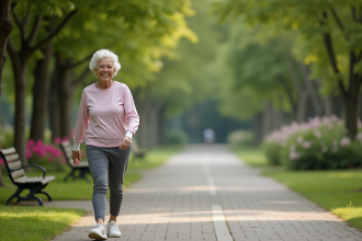 Femme senior marche dans un parc verdoyant