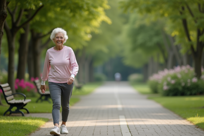 Femme senior marche dans un parc verdoyant