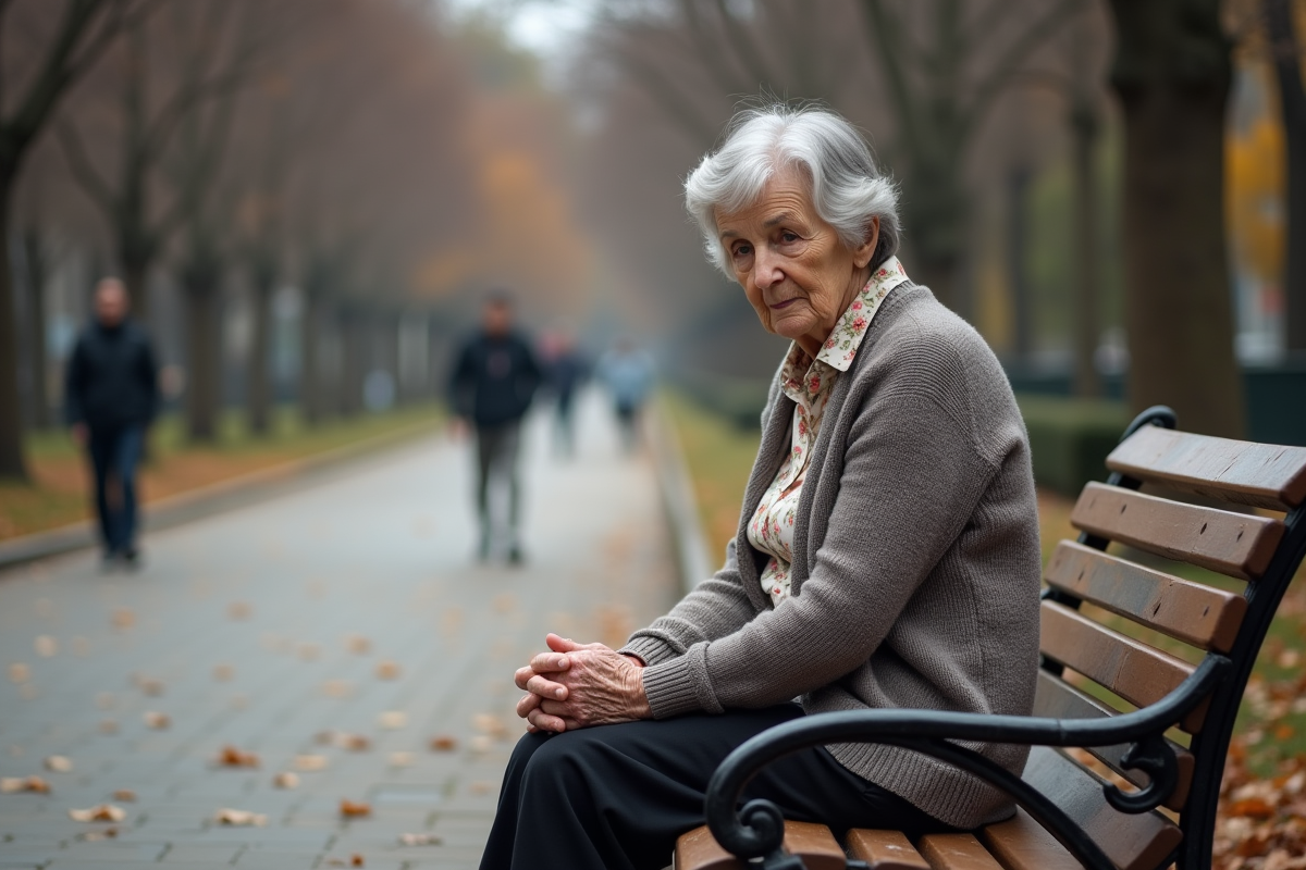 Femme âgée assise sur un banc dans un parc urbain