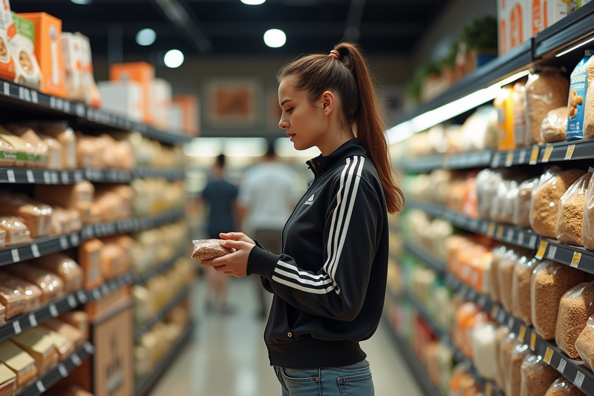 Jeune femme choisissant un produit bio en magasin