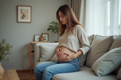 Femme préoccupée tenant son abdomen dans un salon moderne