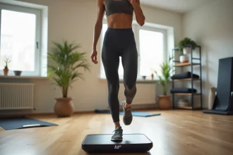 Femme sportive sur la balance connectee dans une salle de sport lumineuse