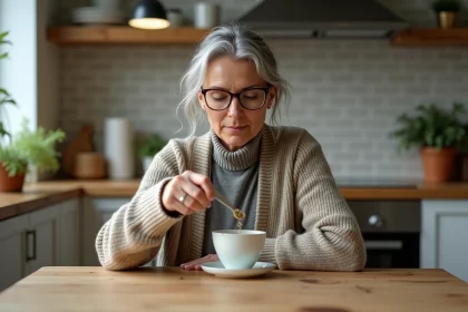 Femme lisant une tisane au thym dans une cuisine chaleureuse