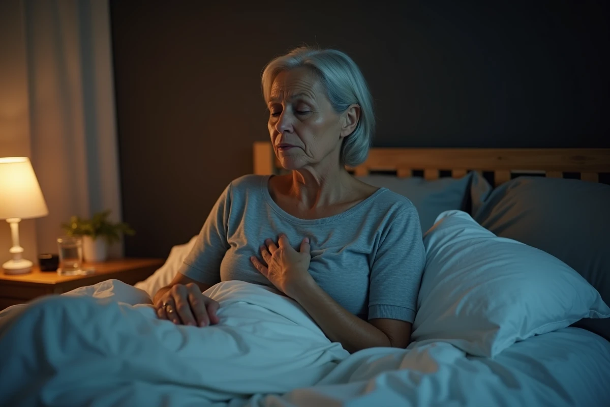 Femme adulte assise dans son lit la nuit, prise de quintes de toux liées au reflux gastrique, tenant un verre d'eau