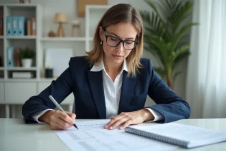 Femme d'affaires en réunion remplissant des formulaires CPAM