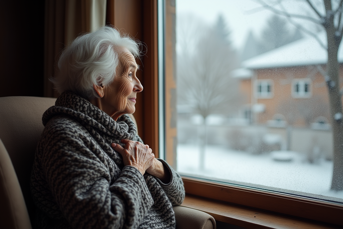 Femme âgée regardant par une fenêtre givrée en hiver