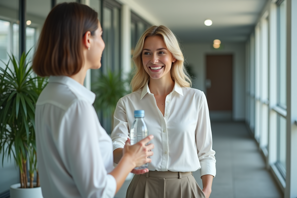 Deux femmes échangeant une bouteille dans un couloir de bureau