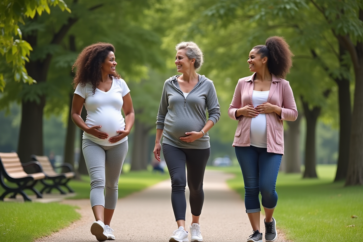 Groupe de femmes enceintes marchant dans un parc naturel