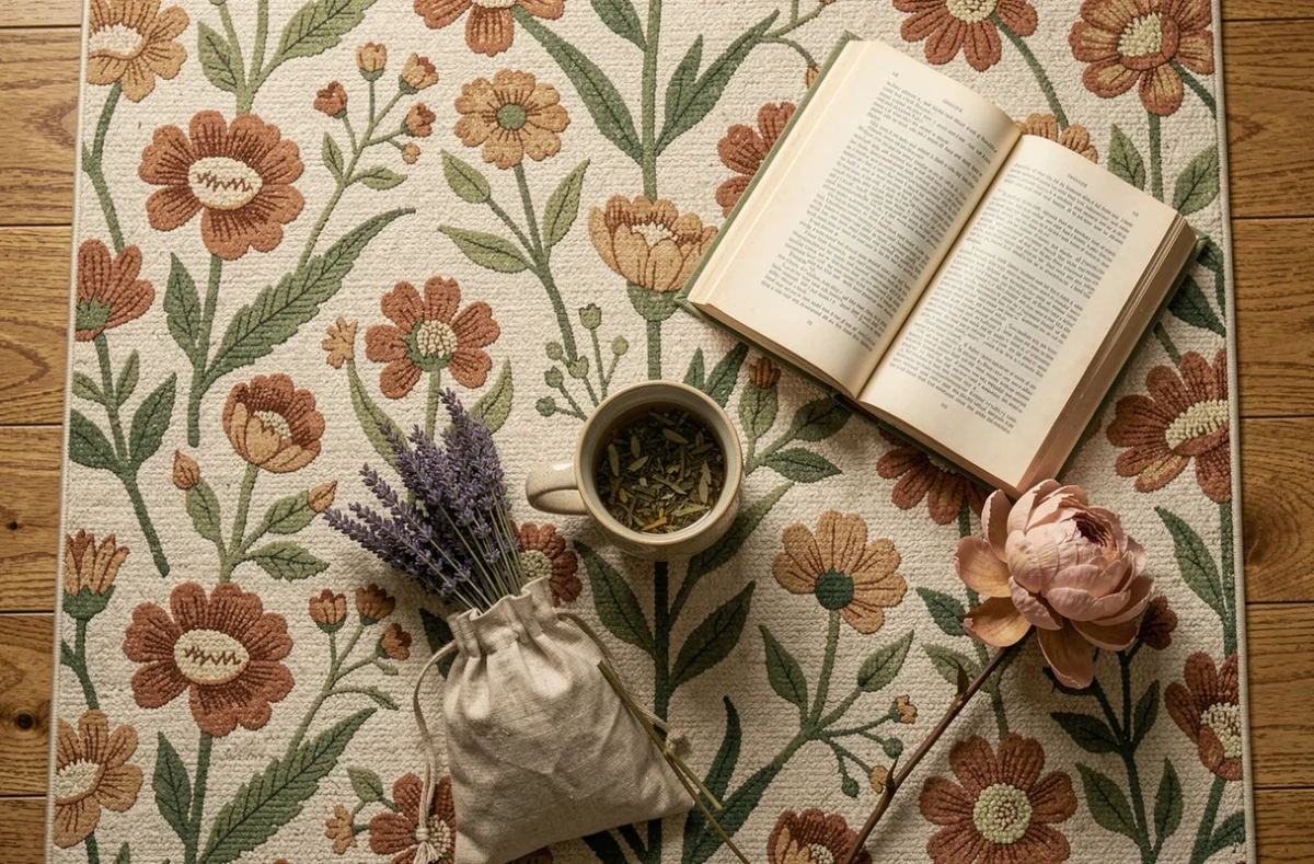 Flat-lay éditorial d'un tapis Champ des Fleurs avec tasse de tisane, livre et lavande pour un rituel détente du soir