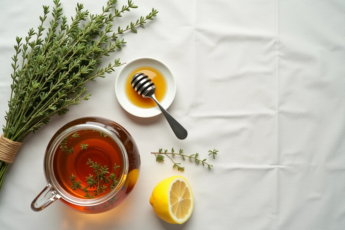 Vue du dessus d'une composition à plat avec thym frais, théière d'infusion, citron et miel pour illustrer les bienfaits sur l'immunité
