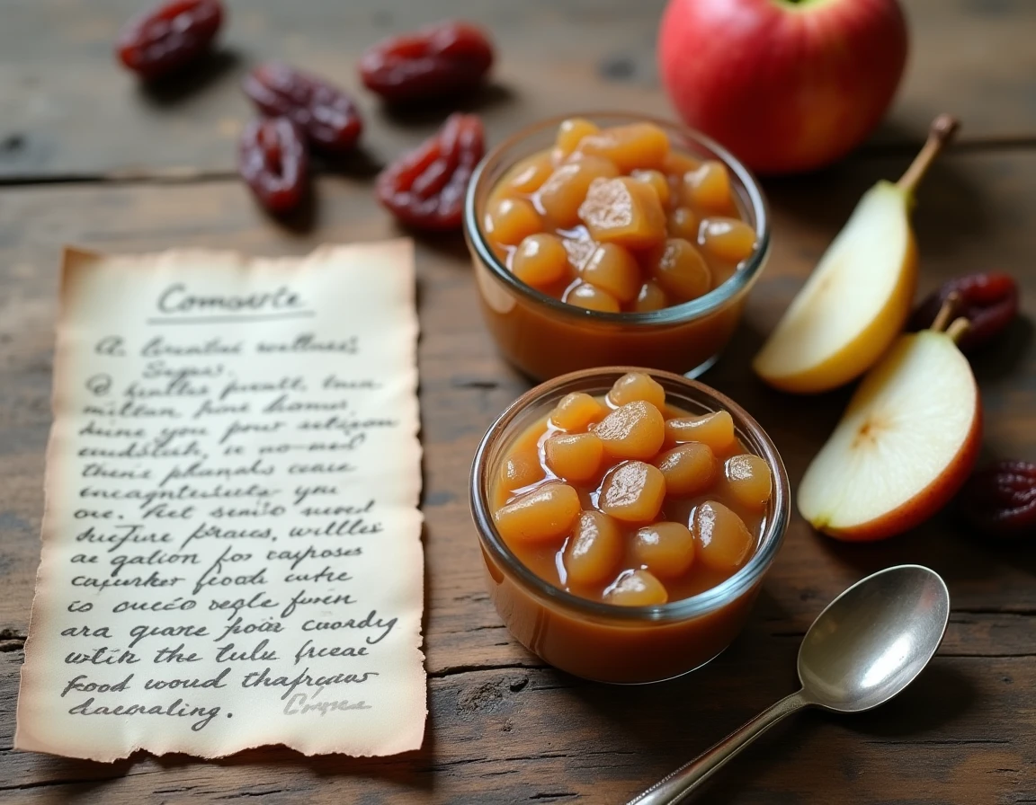 Vue aérienne de ramequins de compote poire et pruneaux sur bois avec ingrédients naturels pour un programme anti-constipation