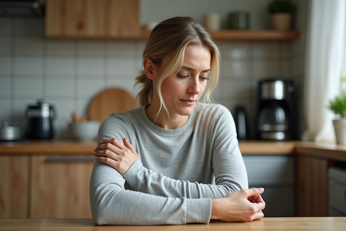 Femme tenant son avant-bras avec une expression préoccupée après des fourmillements, assise dans une cuisine le matin