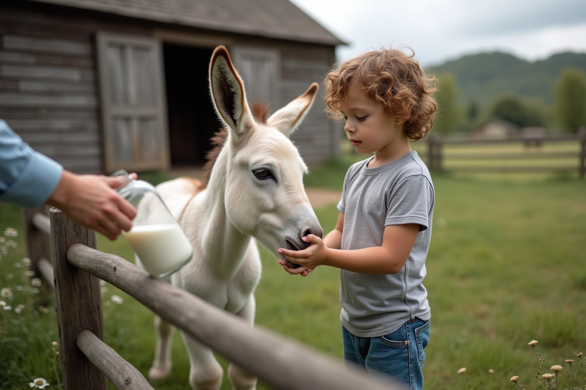 Garçon caressant un petit âne dans un paysage rural