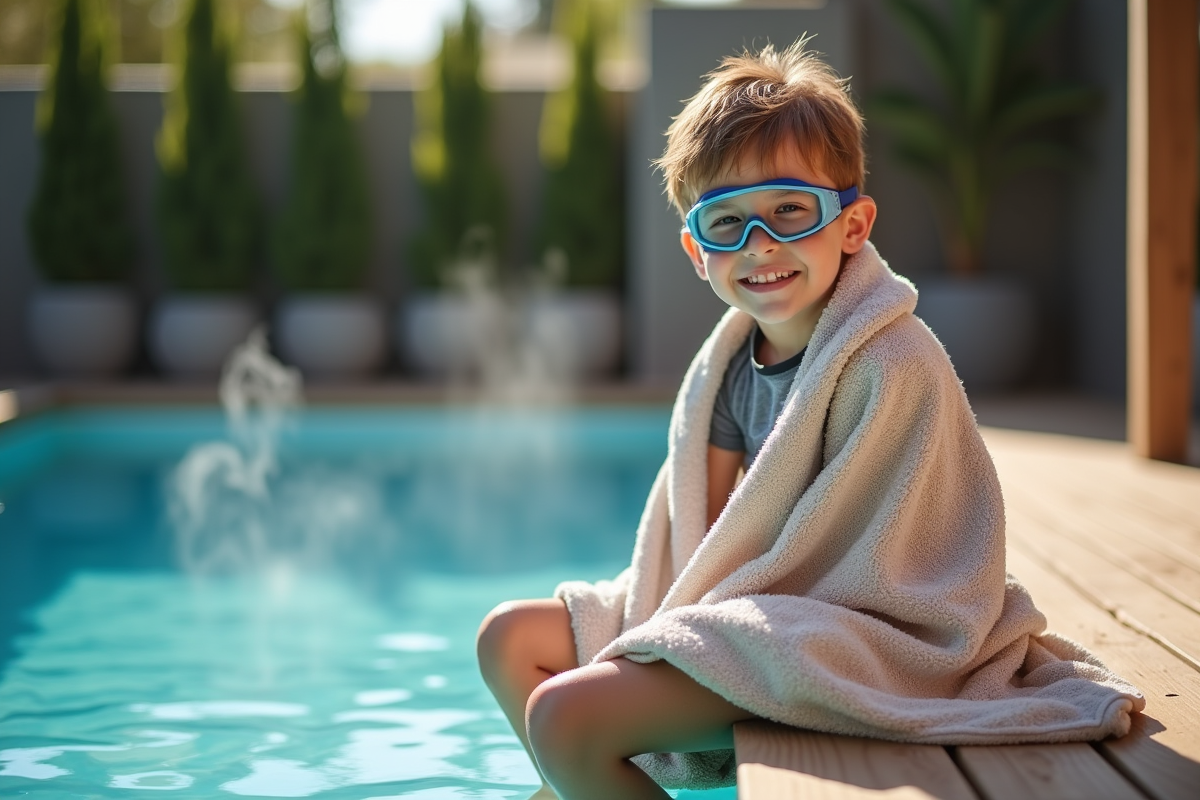 Jeune garçon assis au bord de la piscine avec serviette et maillot