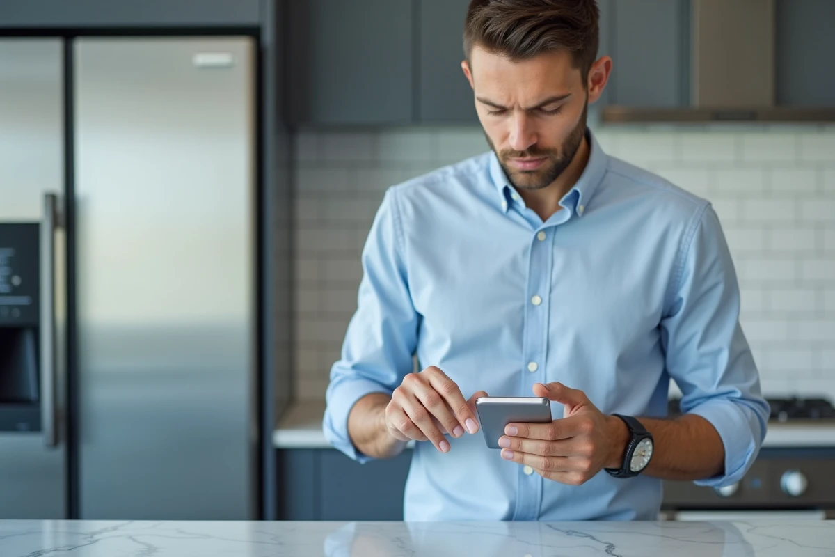 Homme gérant son compte KelDoc sur smartphone dans une cuisine moderne
