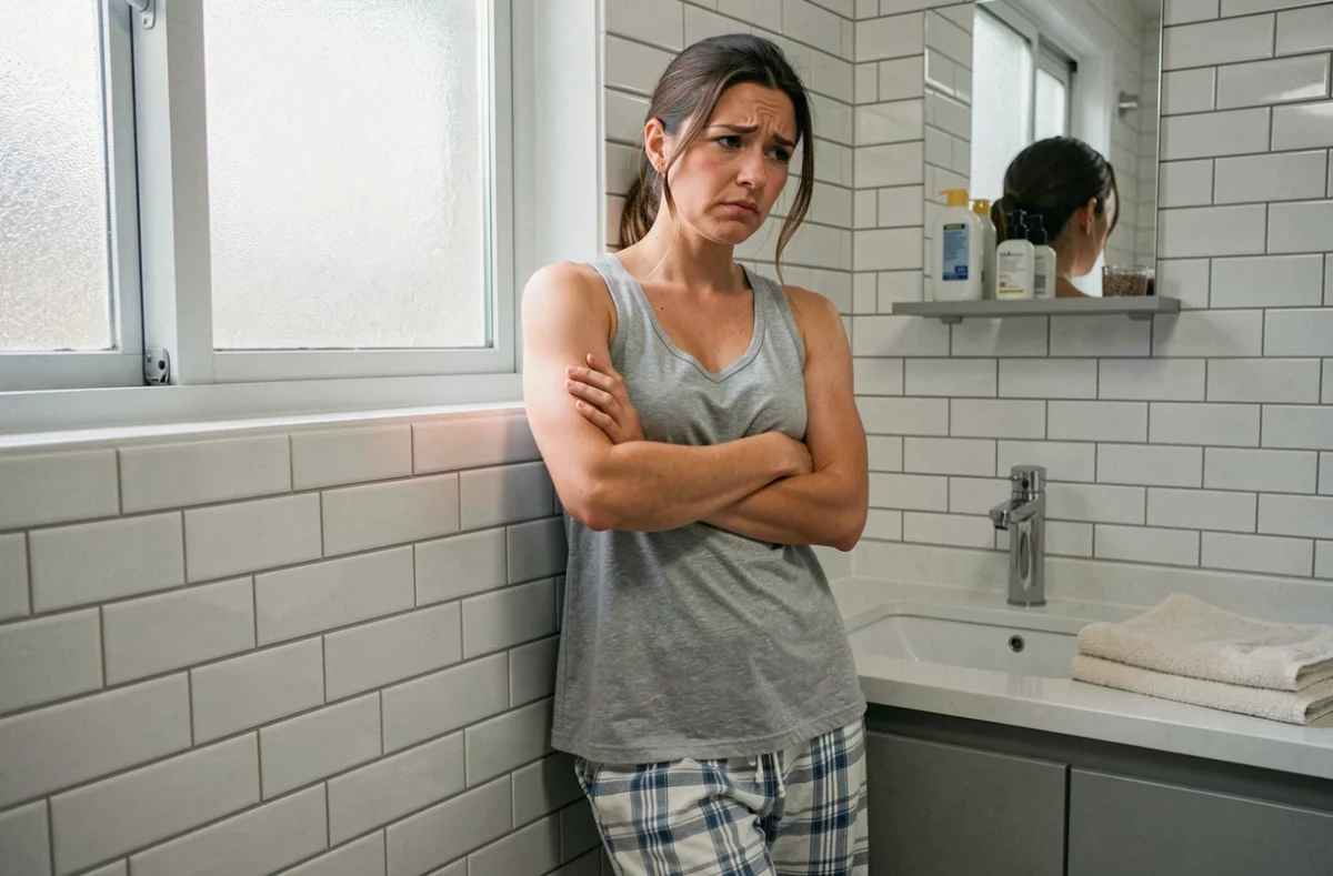 Femme en pyjama dans sa salle de bain gérant l'inconfort de la montée de lait après l'accouchement