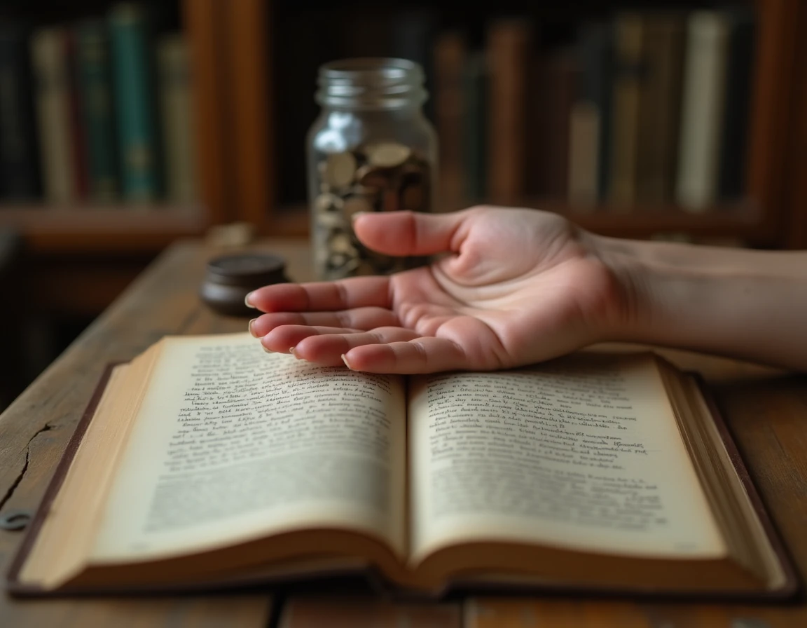 Gros plan d'une main gauche ouverte avec légère rougeur posée près d'un livre ancien et de pièces de monnaie, symbolisant la superstition de la main qui gratte