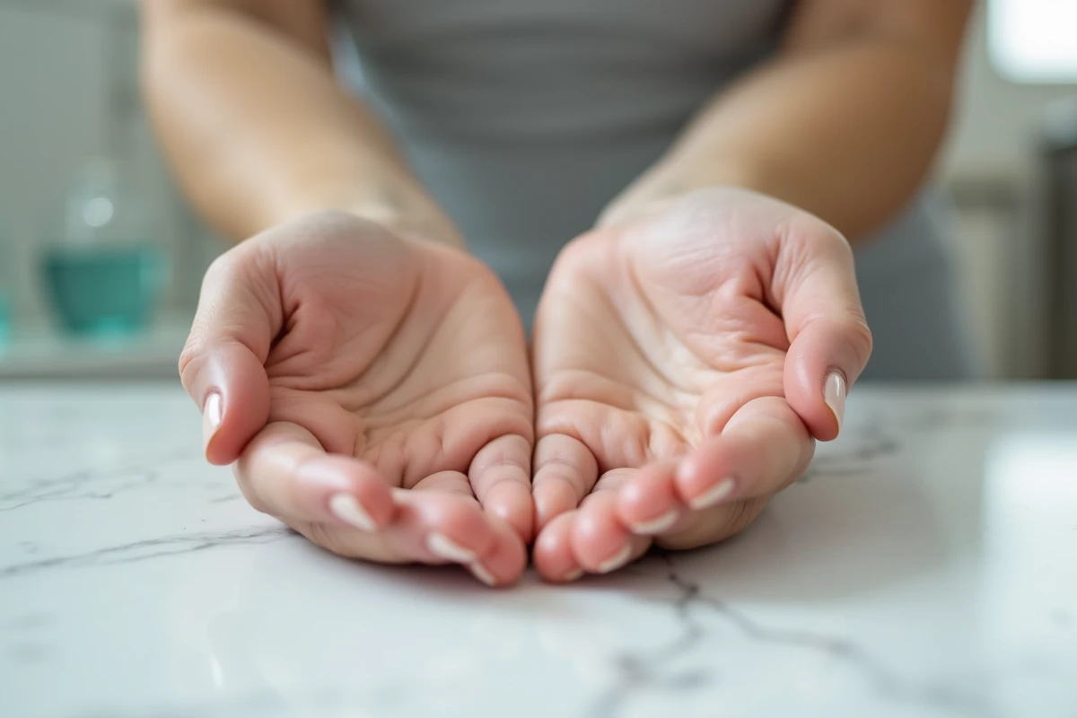Gros plan sur des mains féminines posées sur un marbre blanc révélant des taches blanches sur les ongles, signe potentiel de fatigue ou de carence
