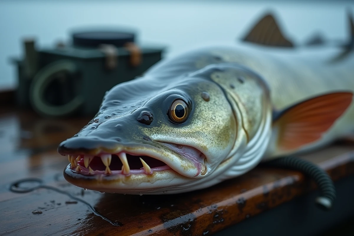 Gros plan sur la tête d'un brochet avec la gueule ouverte montrant ses dents pointues sur le pont d'un bateau de pêche