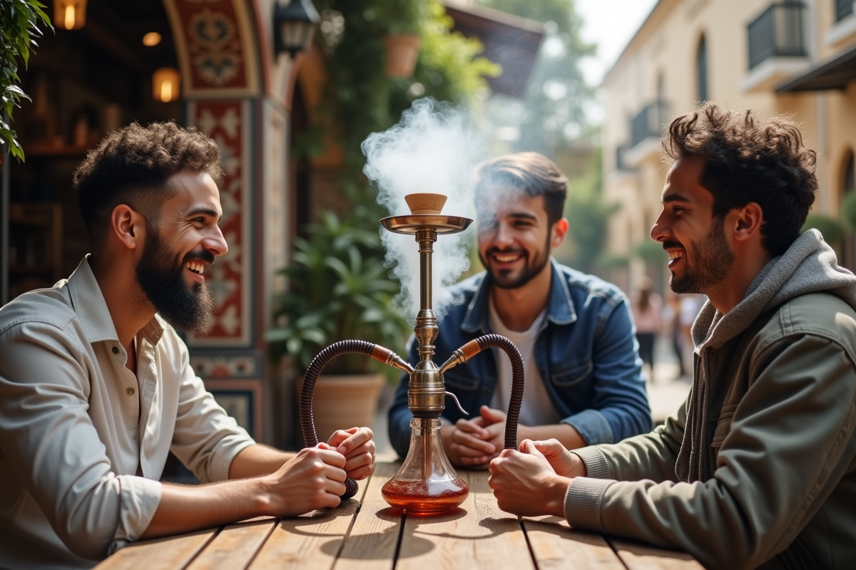 Groupe d amis autour d un hookah en terrasse de café