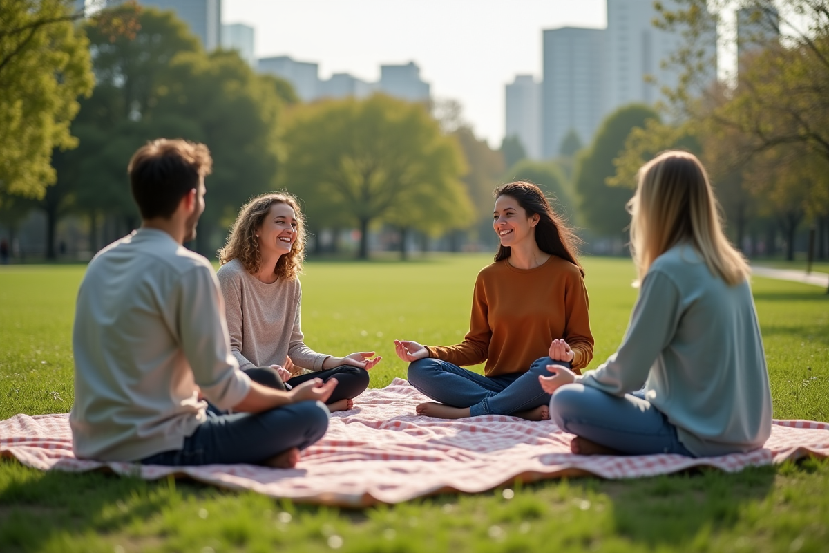 Groupe divers de personnes discutant en plein air dans un parc