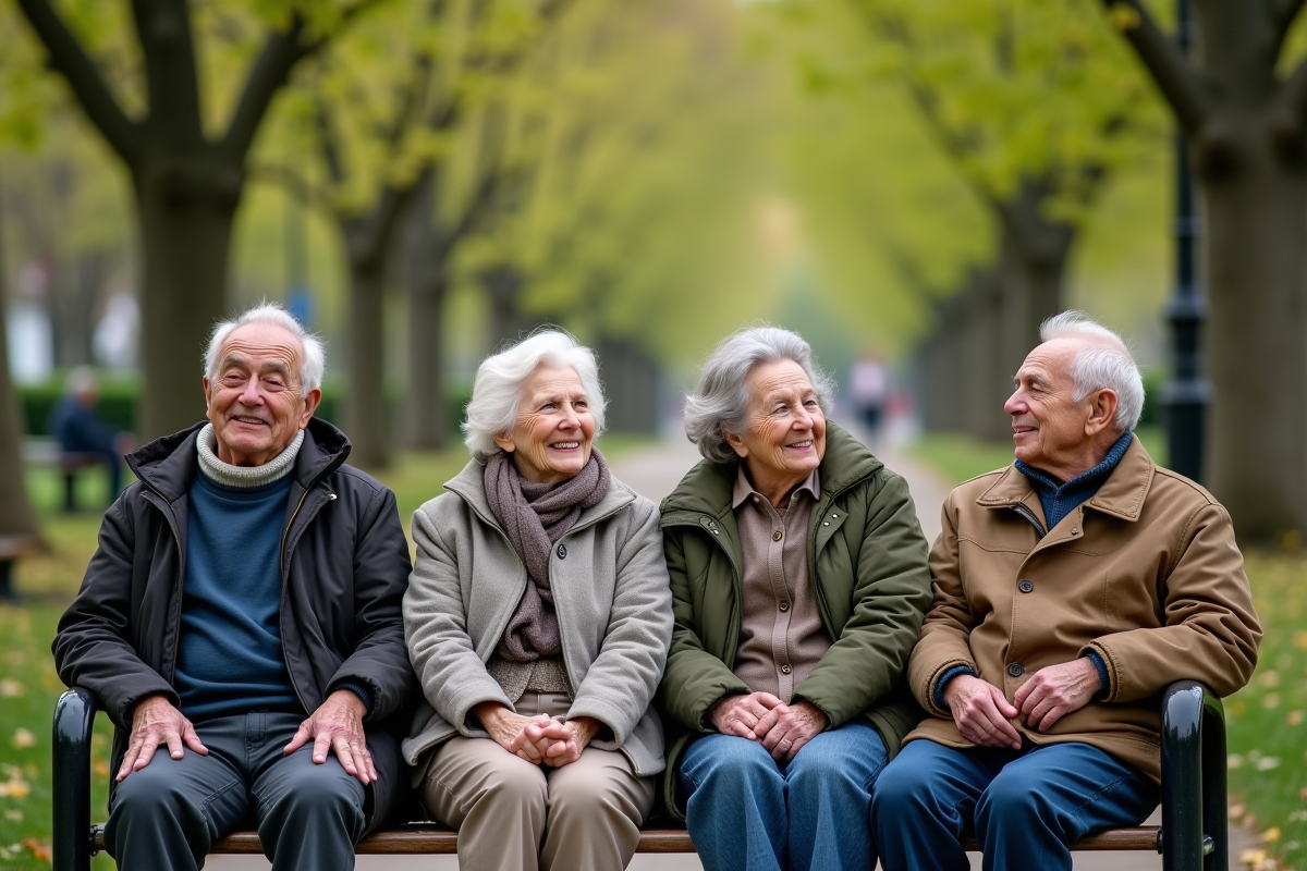 Groupe de seniors assis sur un banc dans un parc