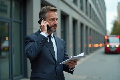 Homme d'affaires parlant au t&eacute;l&eacute;phone devant un b&acirc;timent