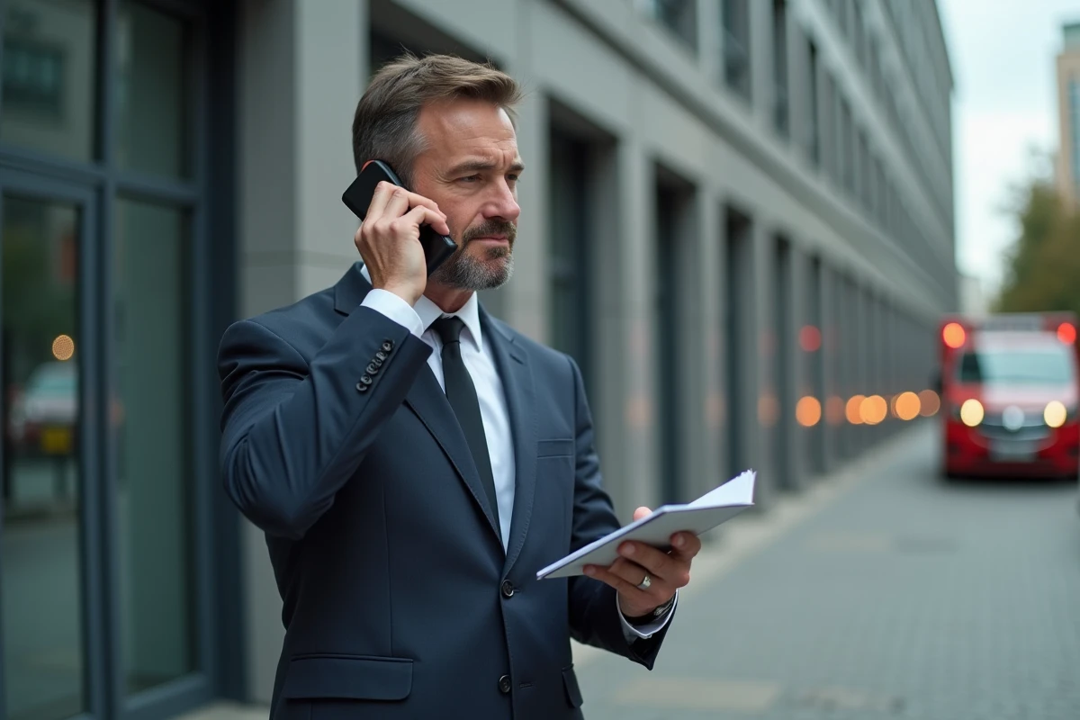 Homme d'affaires parlant au téléphone devant un bâtiment