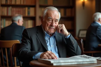 Homme &acirc;g&eacute; en costume dans un caf&eacute; parisien authentique