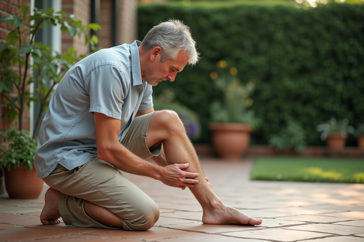Homme appliquant solution antipoux sur sa jambe dans le jardin