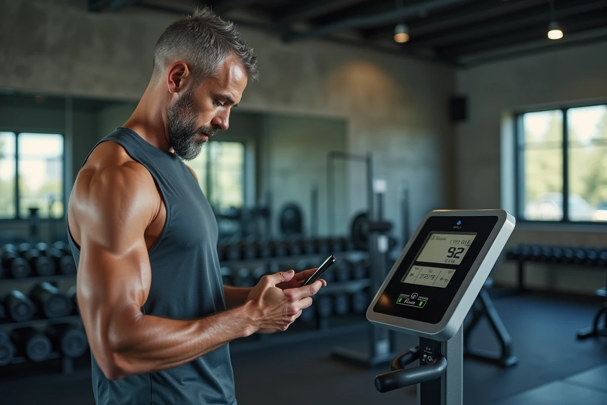 Homme athlète utilisant son smartphone à côté d