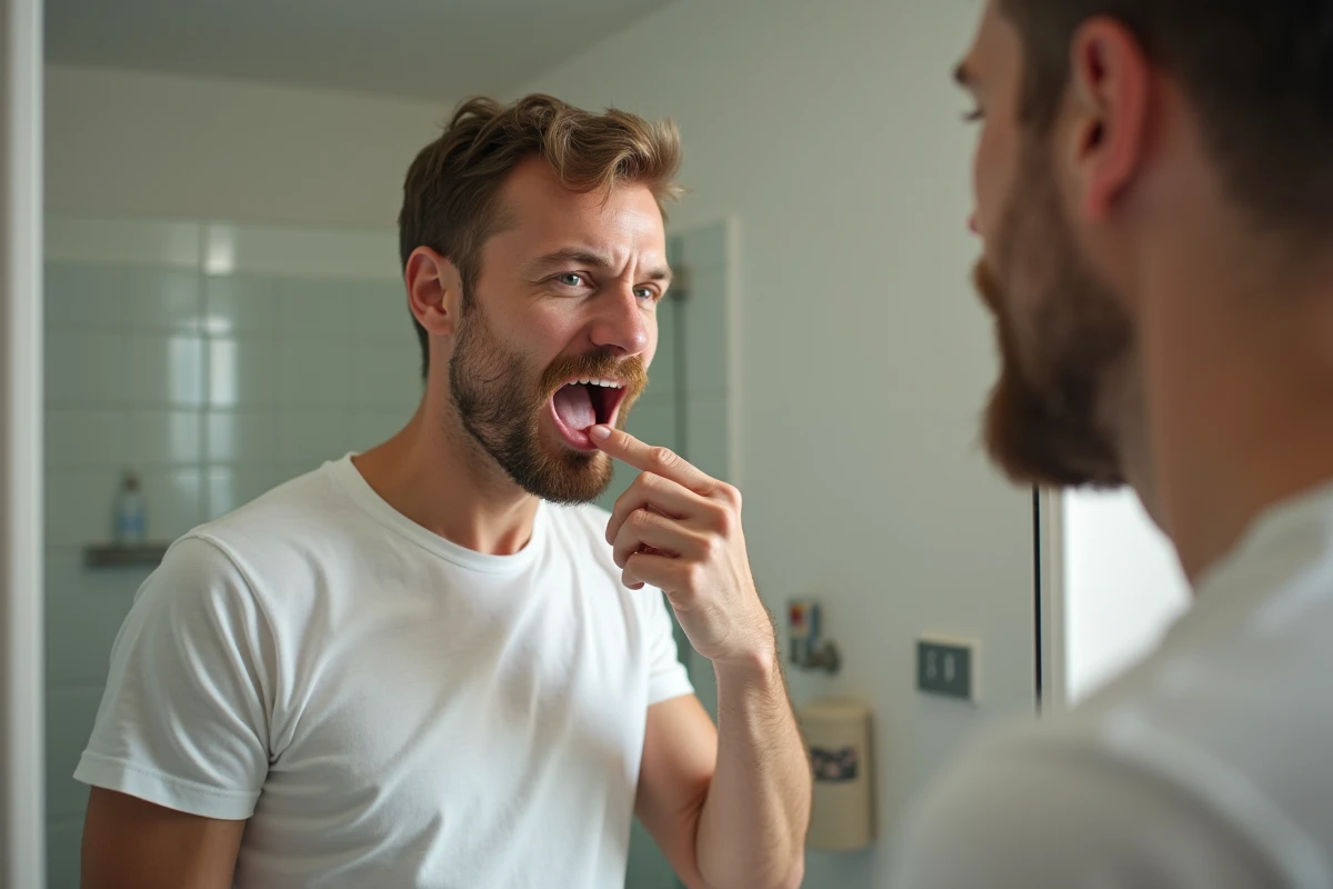 Homme examinant sa langue et l'intérieur de sa bouche devant un miroir de salle de bain, représentant les comportements d'auto-examen bucco-dentaire à risque d'erreurs de diagnostic