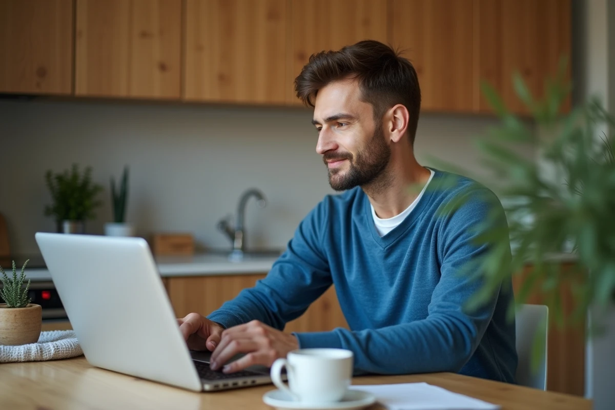 Homme regardant un site de produits de sante sur son ordinateur