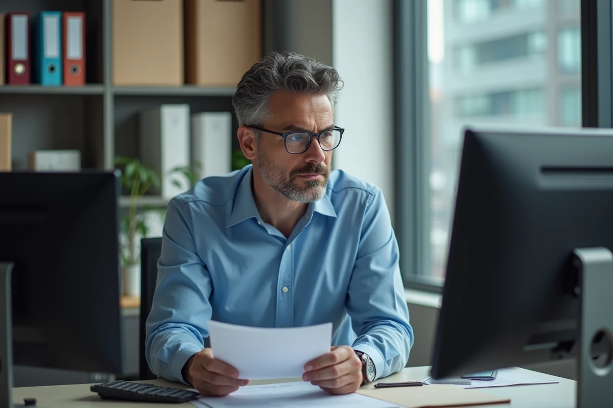 Homme d age moyen en bureau regardant un document