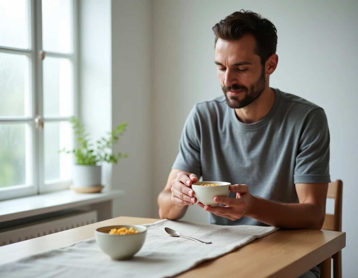 Homme dégustant un bol de compote dorée au petit-déjeuner dans un intérieur scandinave pour favoriser le transit intestinal