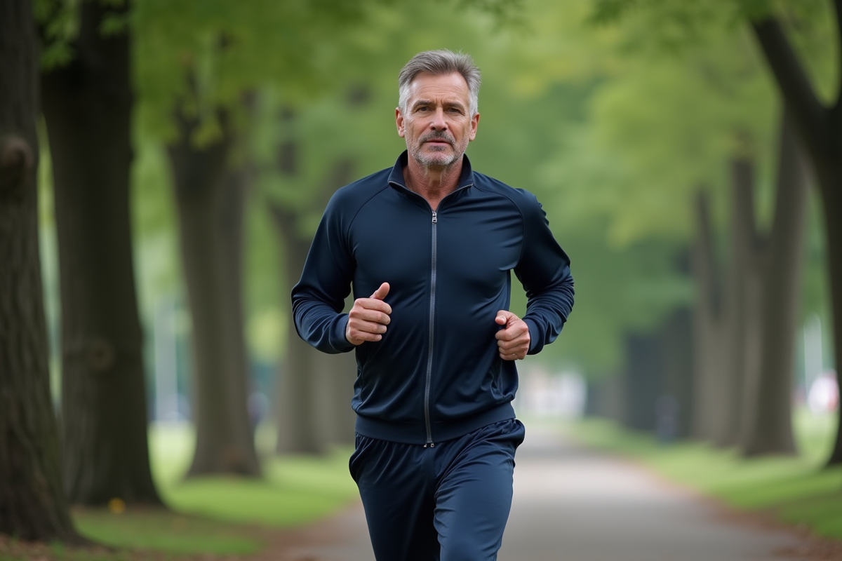 Homme courant dans un parc verdoyant au petit matin