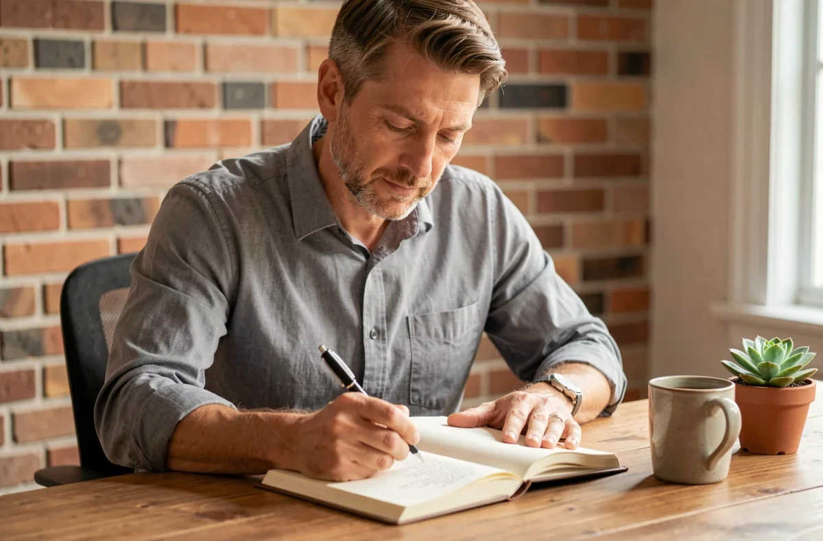 Homme écrivant dans un journal intime pour cultiver un dialogue intérieur bienveillant et la paix avec soi-même