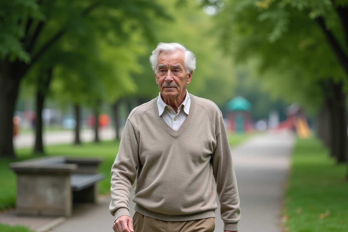 Homme âgé marchant dans un parc verdoyant