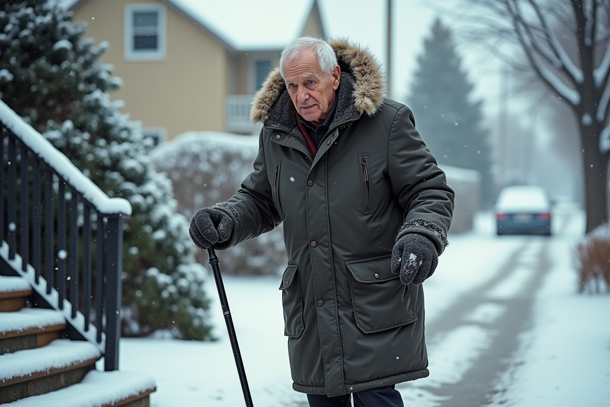 Homme âgé descendant prudemment un escalier enneige