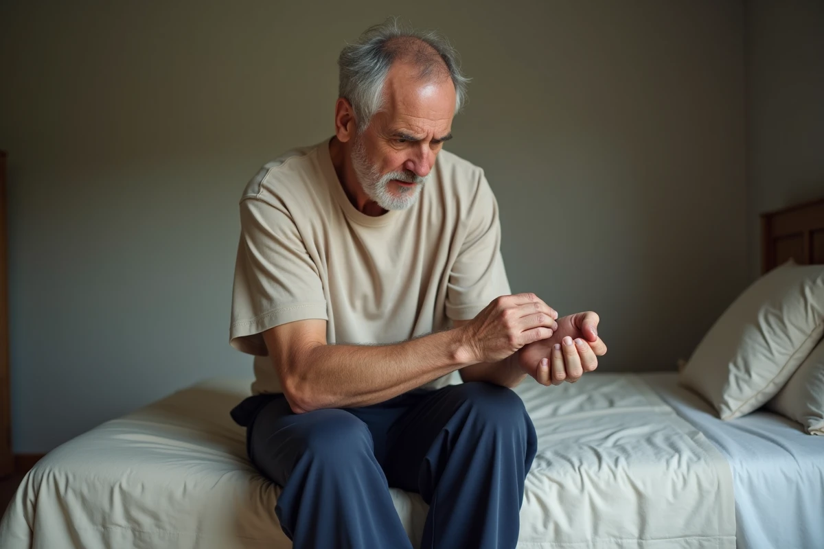 Homme d'âge mûr assis au bord du lit, examinant son avant-bras avec une expression inquiète liée à des fourmillements nocturnes