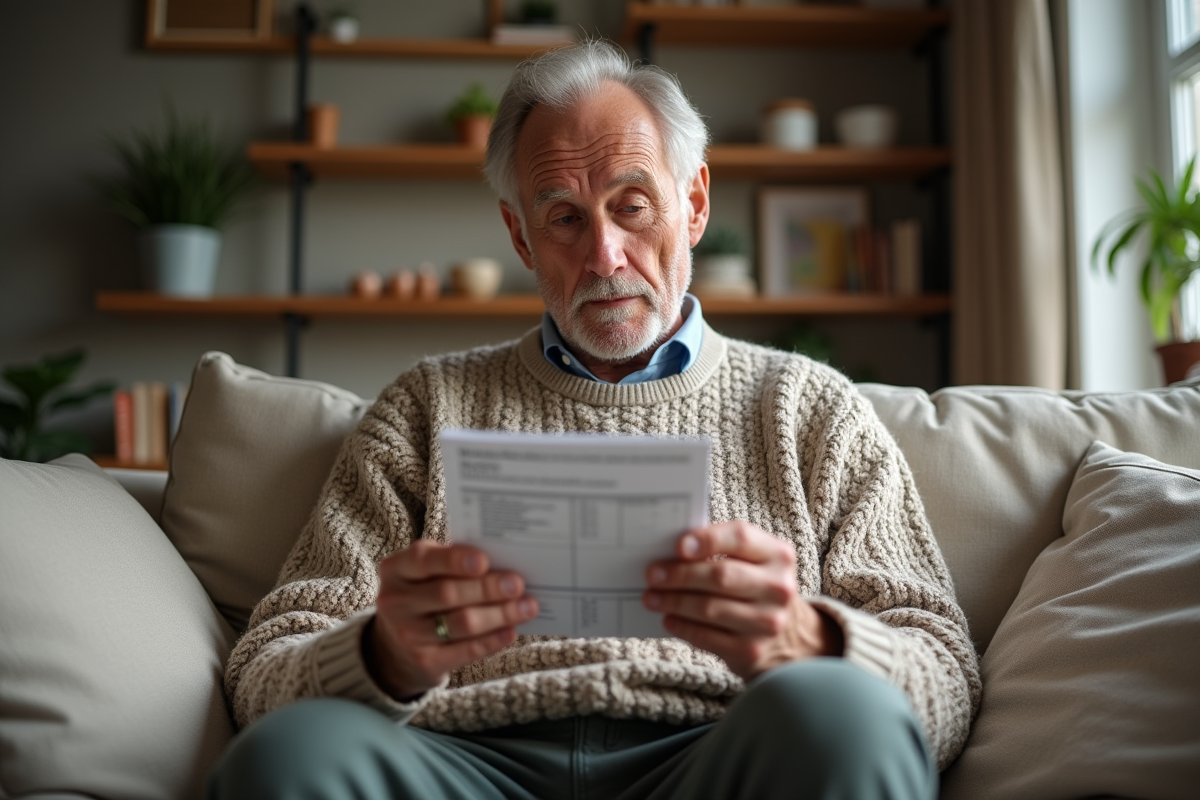 Homme âgé lisant un dépliant nutrition dans son salon