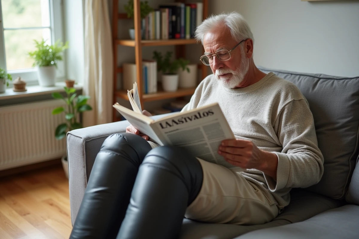 Homme lisant un magazine avec pressotherapie à la maison
