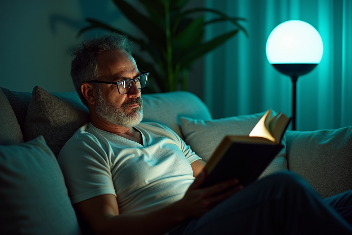 Homme lisant un livre sous une lampe LED bleue dans le salon